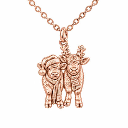 Festive Highland Calves Charm Necklace Set – rose gold, front view