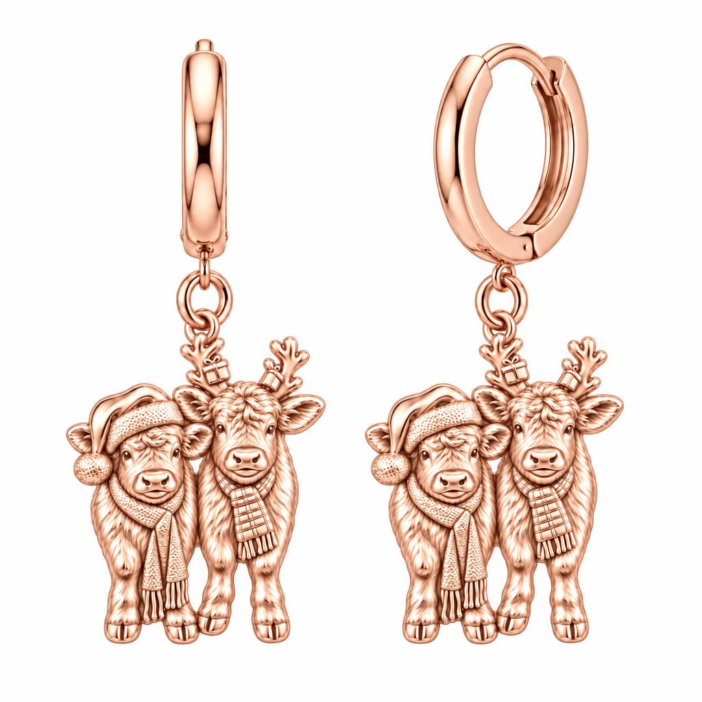Festive Highland Calves Huggie Charm Earrings – rose gold, front view