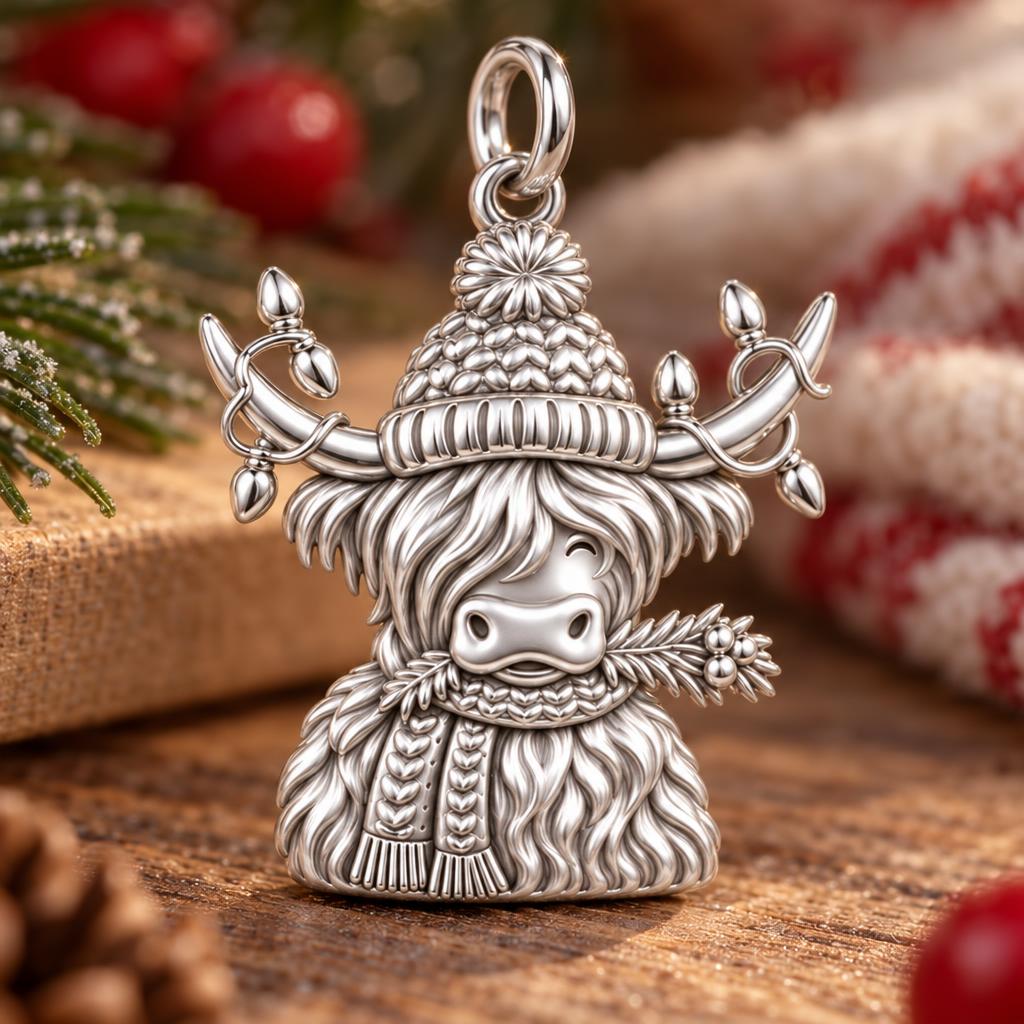 Festive Highland Cow Charm and Polyester Cord Bracelet Set
