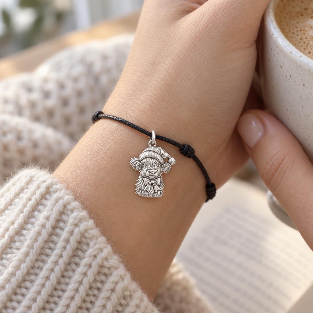 Festive Highland Cow Charm and Polyester Cord Bracelet Set