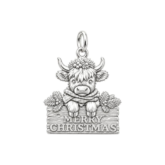 Festive Highland Cow Charm Bracelet – Personalized Mom Gift – silver charm, front view