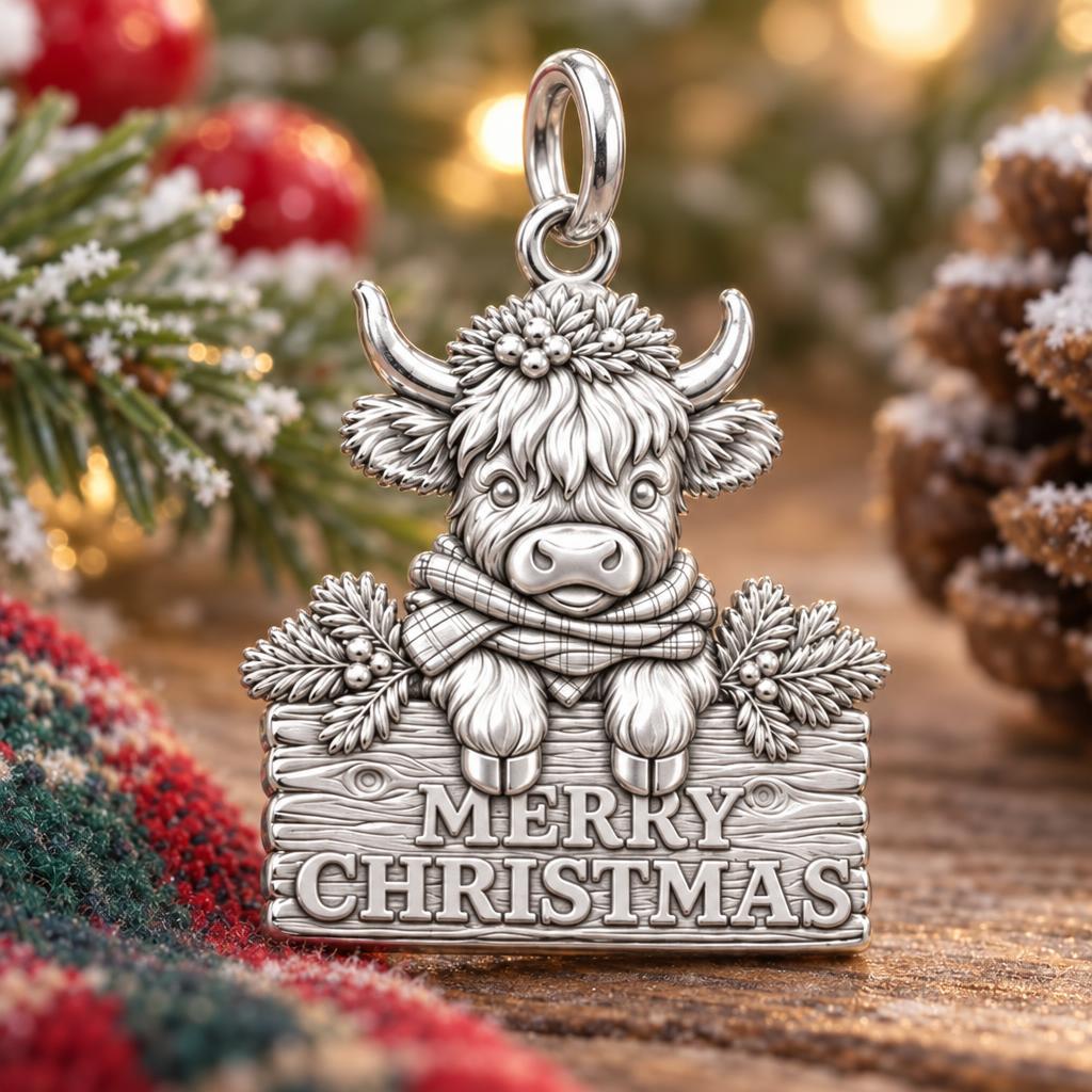 Festive Highland Cow Charm Bracelet – Personalized Mom Gift – macro detail of the charm