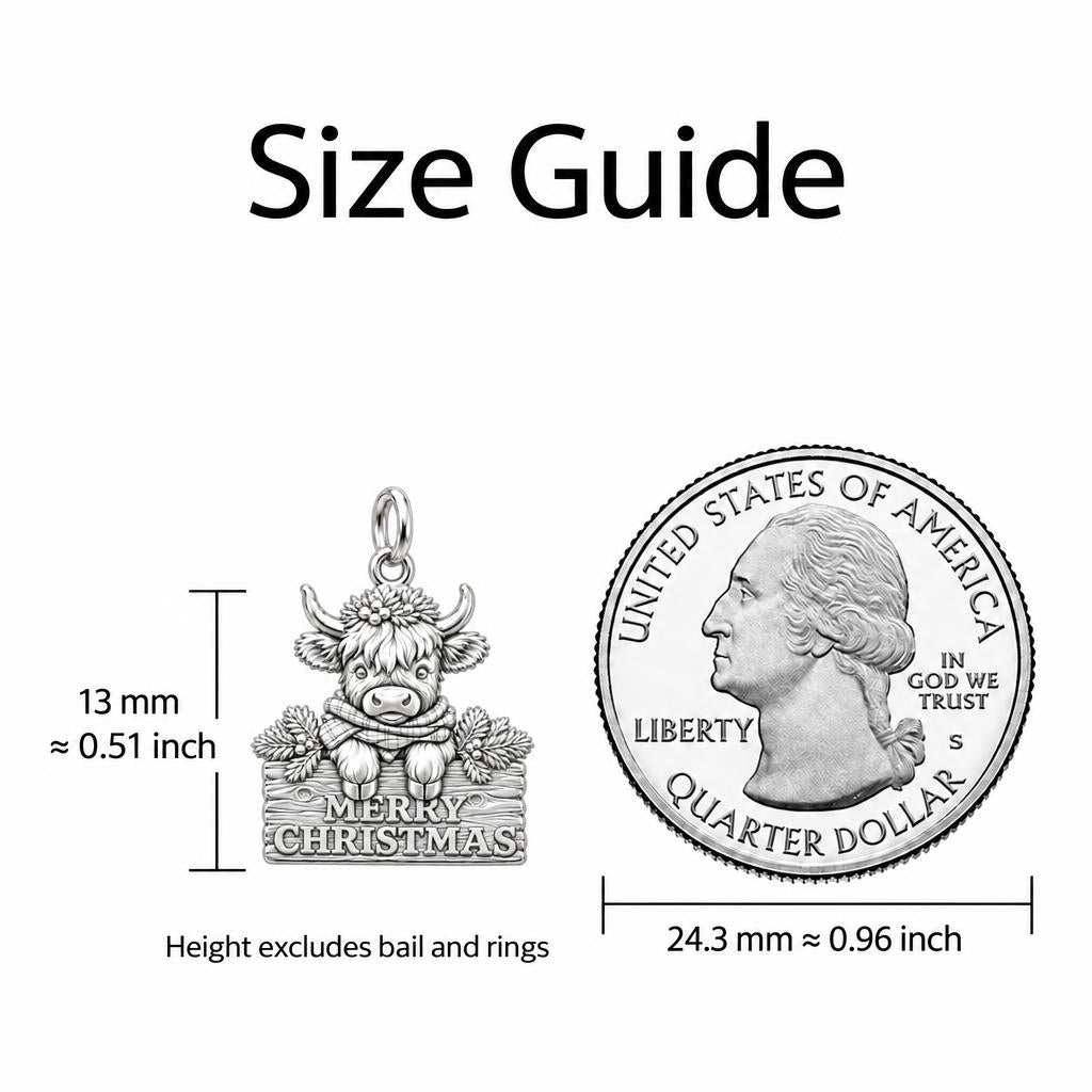 Festive Highland Cow Charm Bracelet – Personalized Mom Gift – size guide, 13 mm charm next to a quarter