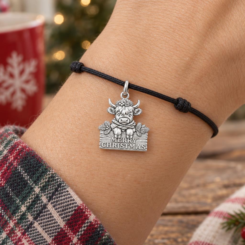 Festive Highland Cow Charm Bracelet – Personalized Mom Gift – worn on the wrist on a black cord bracelet