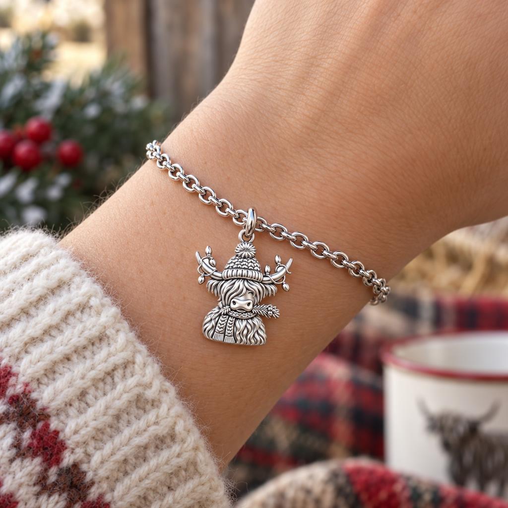 Festive Highland Cow Charm Bracelet Set – worn / in use
