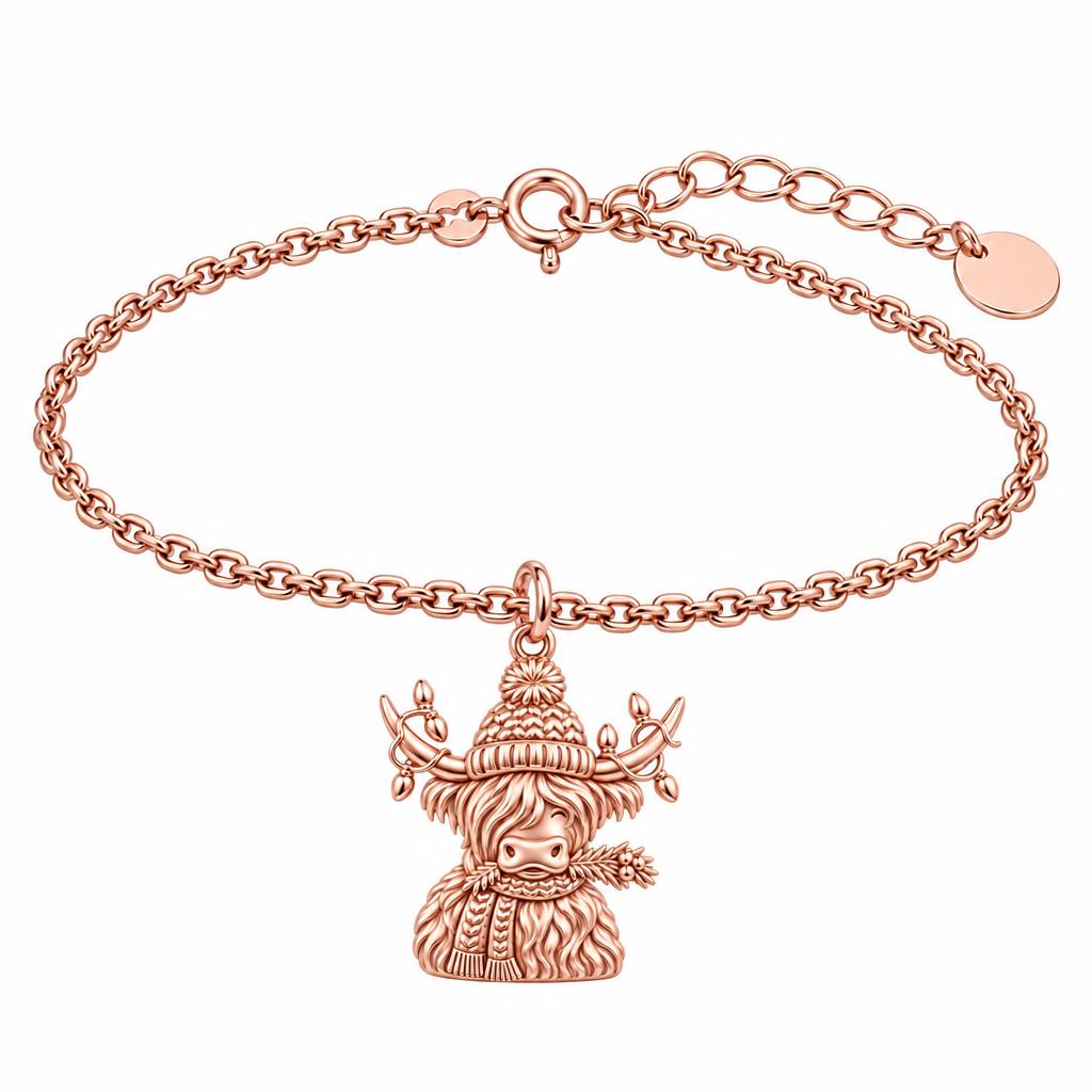 Festive Highland Cow Charm Bracelet Set – rose gold, front view
