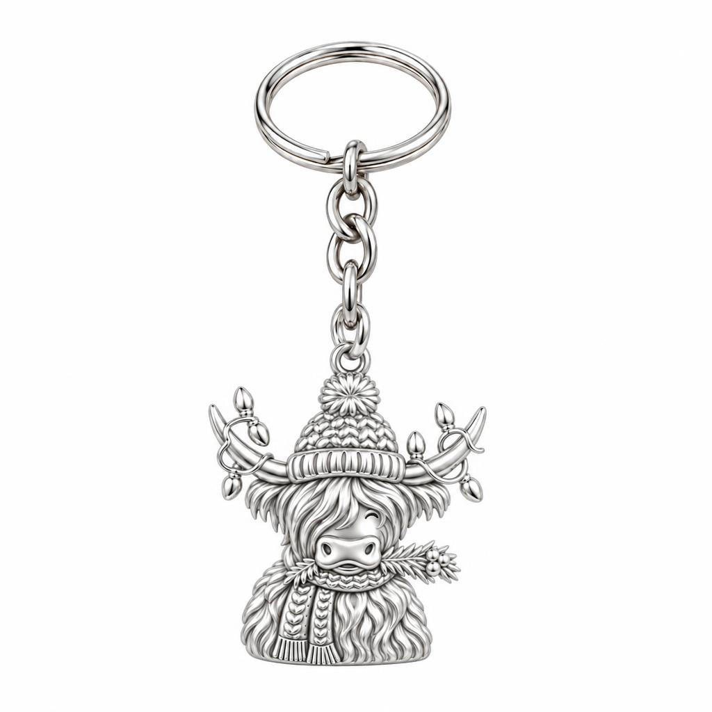 Festive Highland Cow Charm Keychain – silver, front view