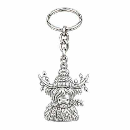 Festive Highland Cow Charm Keychain – silver, front view