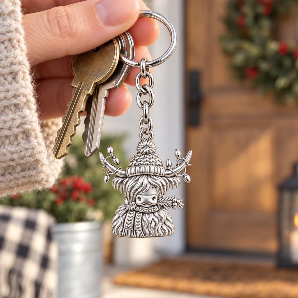 Festive Highland Cow Charm Keychain – worn / in use