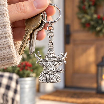 Festive Highland Cow Charm Keychain – worn / in use