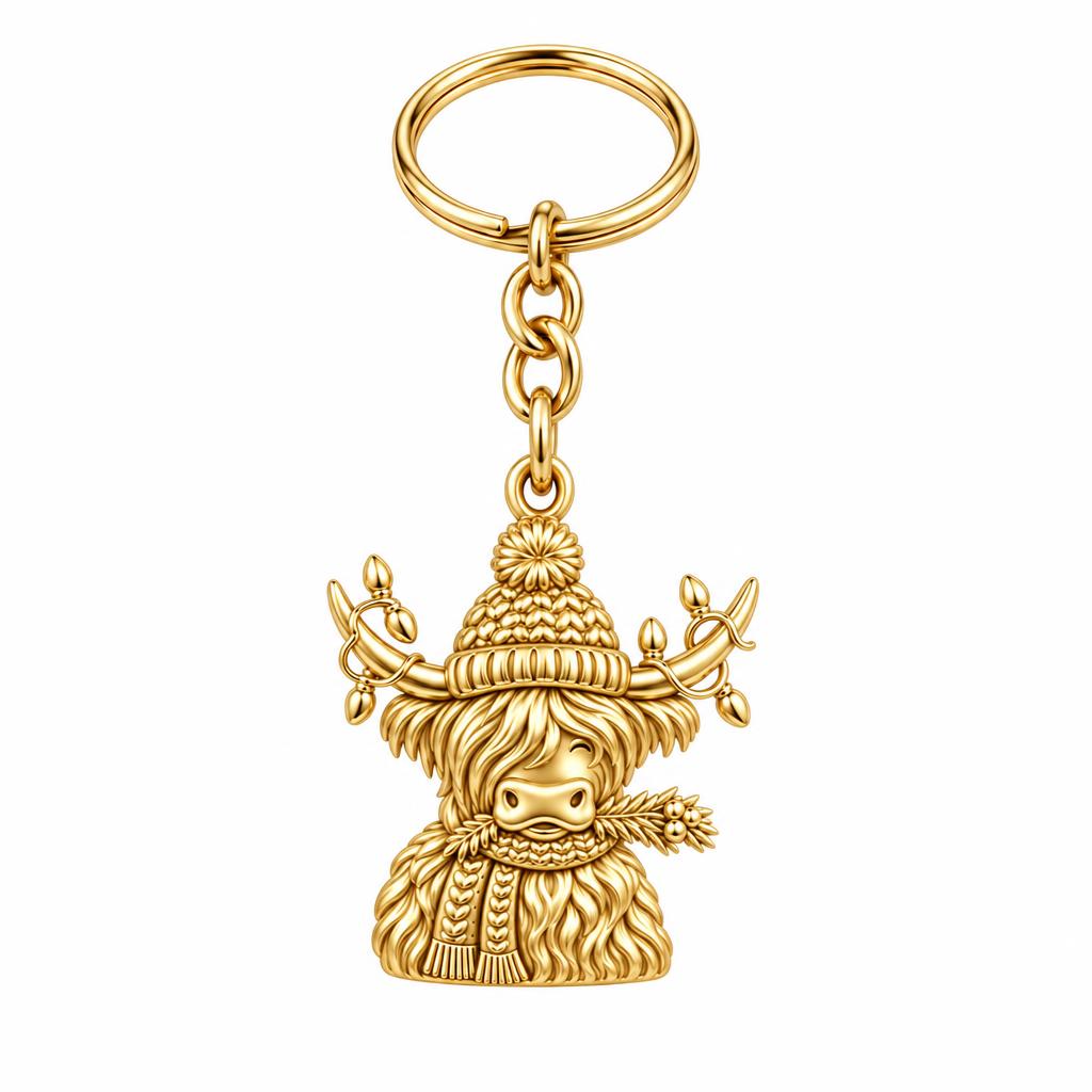Festive Highland Cow Charm Keychain – 18K gold, front view