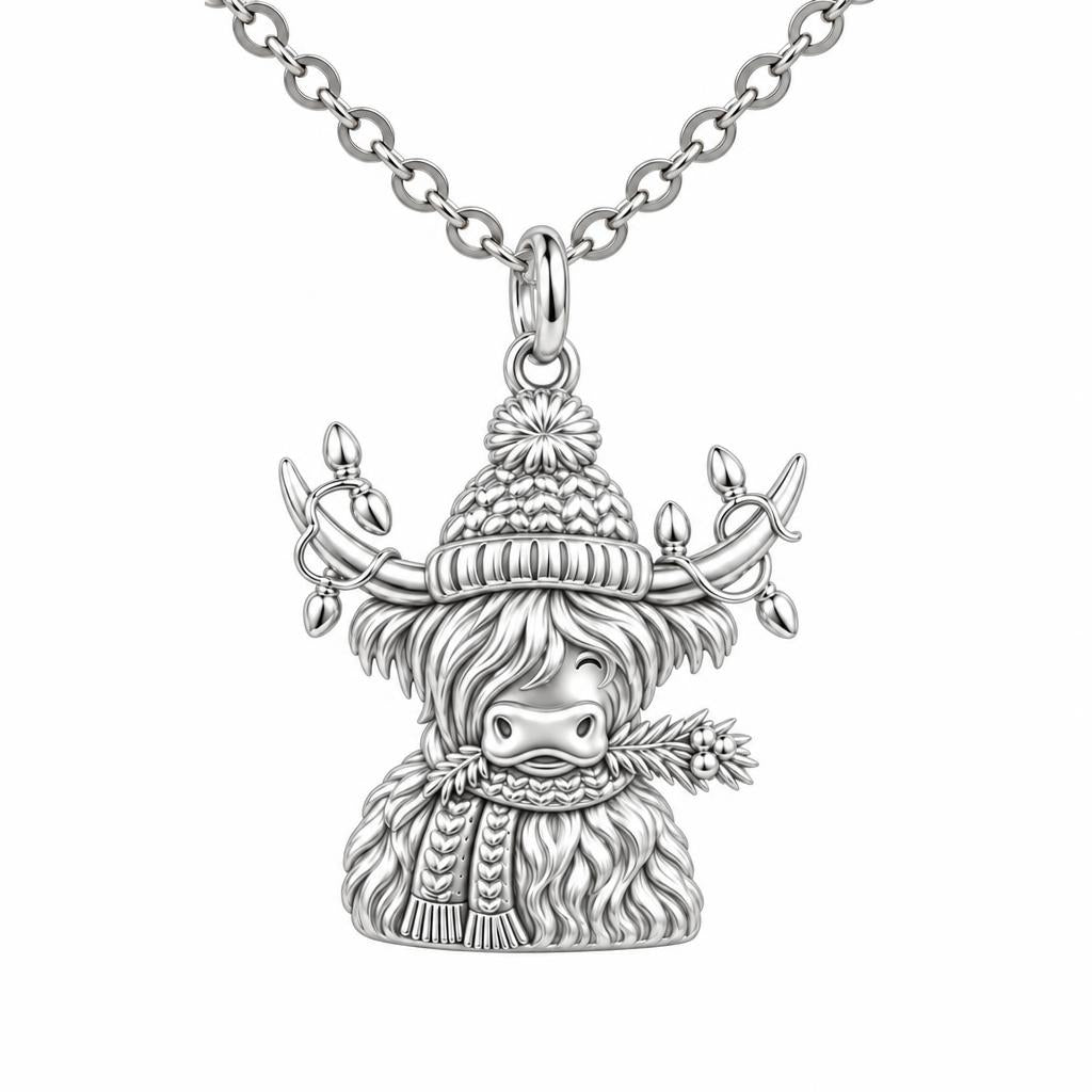 Festive Highland Cow Charm Necklace Set – silver, front view