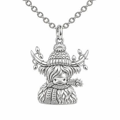 Festive Highland Cow Charm Necklace Set – silver, front view