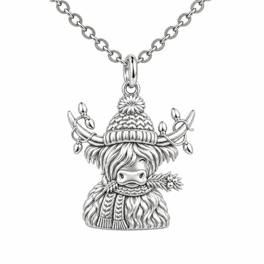 Festive Highland Cow Charm Necklace Set – silver, front view