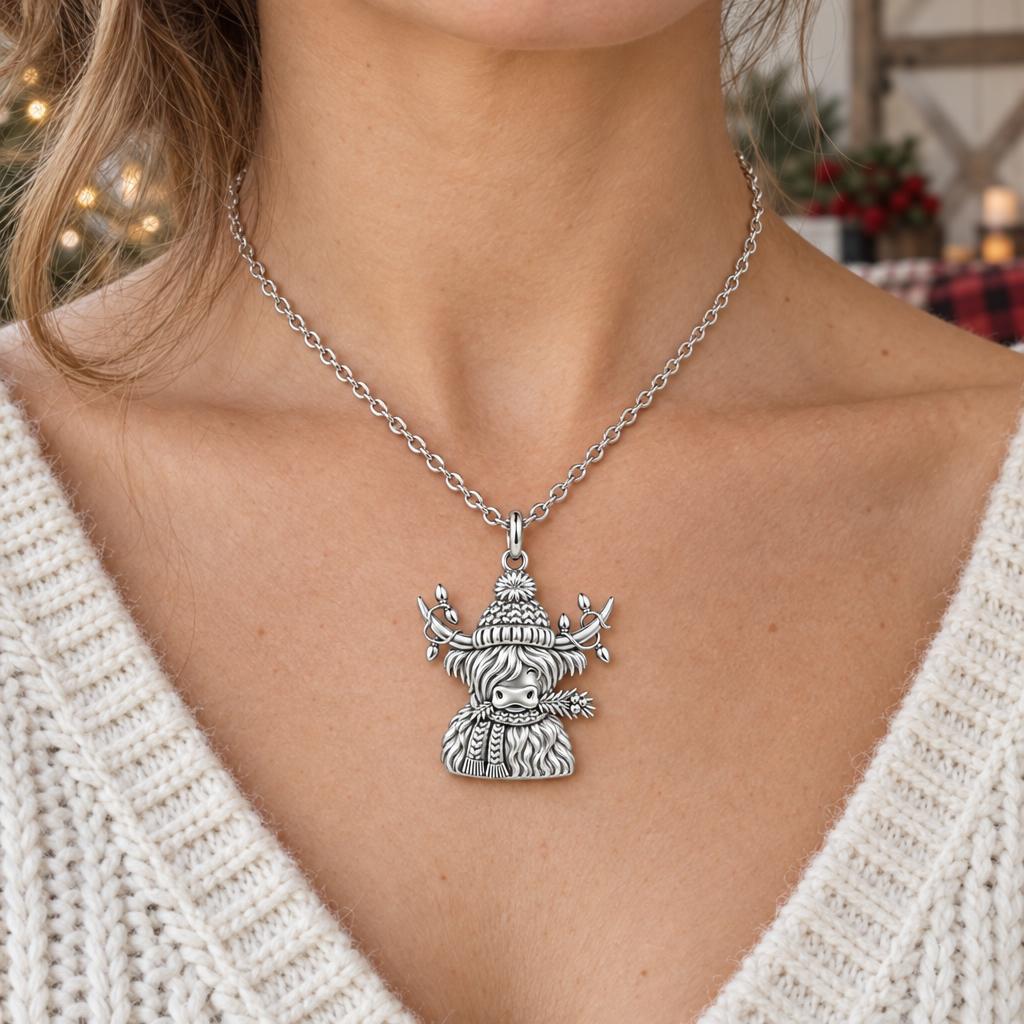 Festive Highland Cow Charm Necklace Set – worn / in use
