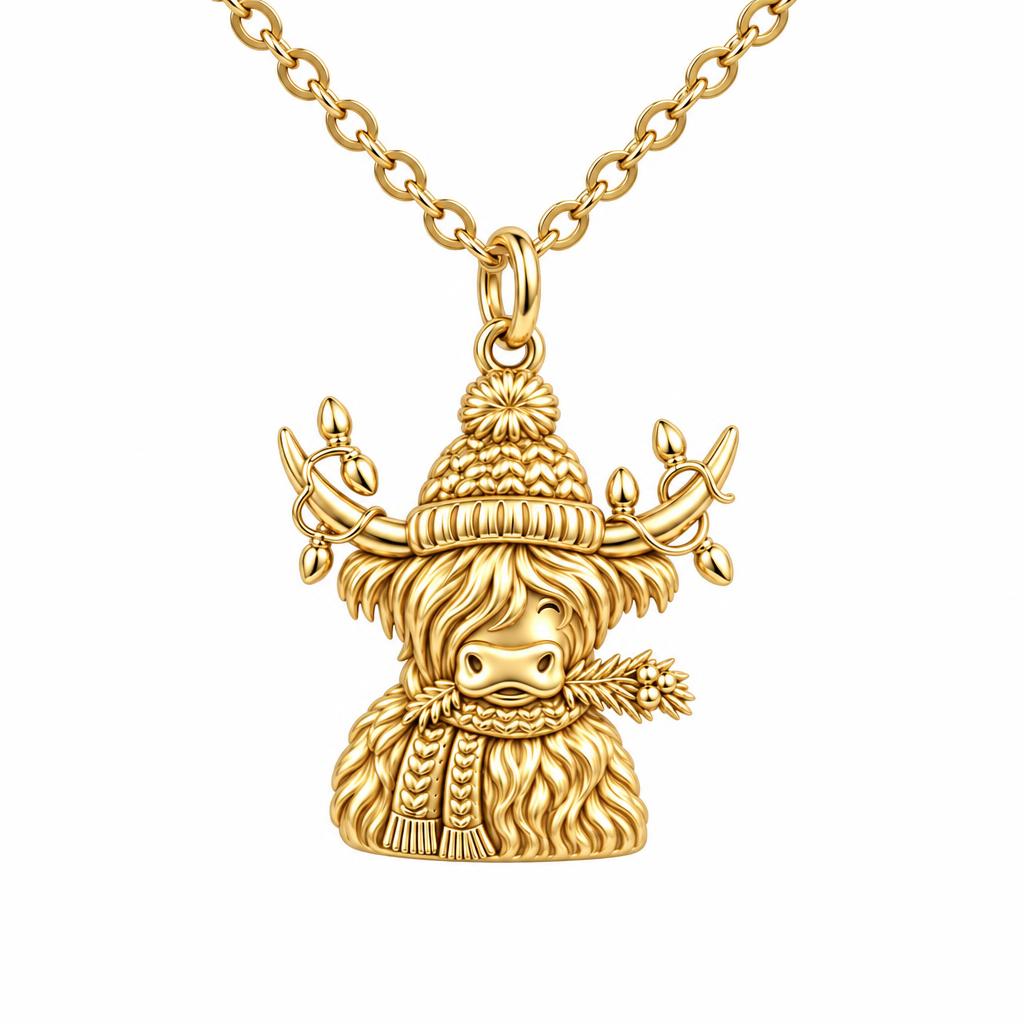 Festive Highland Cow Charm Necklace Set – 18K gold, front view
