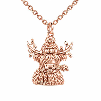 Festive Highland Cow Charm Necklace Set – rose gold, front view