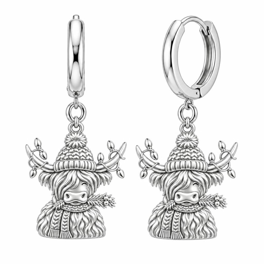 Festive Highland Cow Huggie Charm Earrings – silver, front view