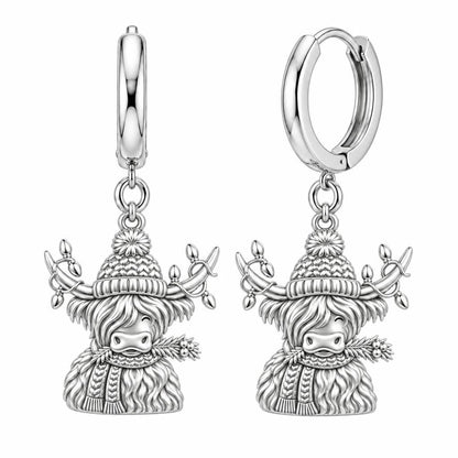 Festive Highland Cow Huggie Charm Earrings – silver, front view
