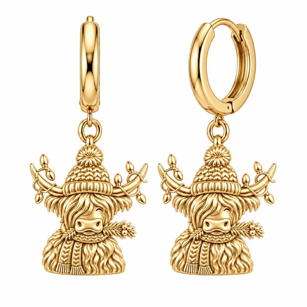 Festive Highland Cow Huggie Charm Earrings – 18K gold, front view