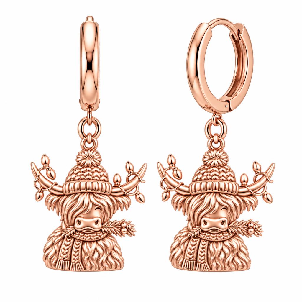 Festive Highland Cow Huggie Charm Earrings – rose gold, front view