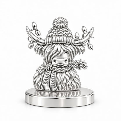Festive Highland Cow Keepsake Plaque – silver, front view