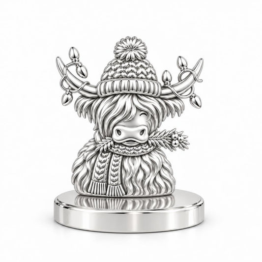 Festive Highland Cow Keepsake Plaque – silver, front view