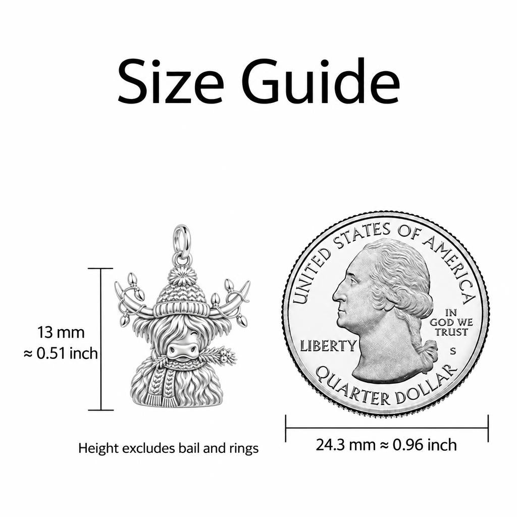 Festive Highland Cow Keepsake Plaque – size guide, 13 mm charm next to a quarter