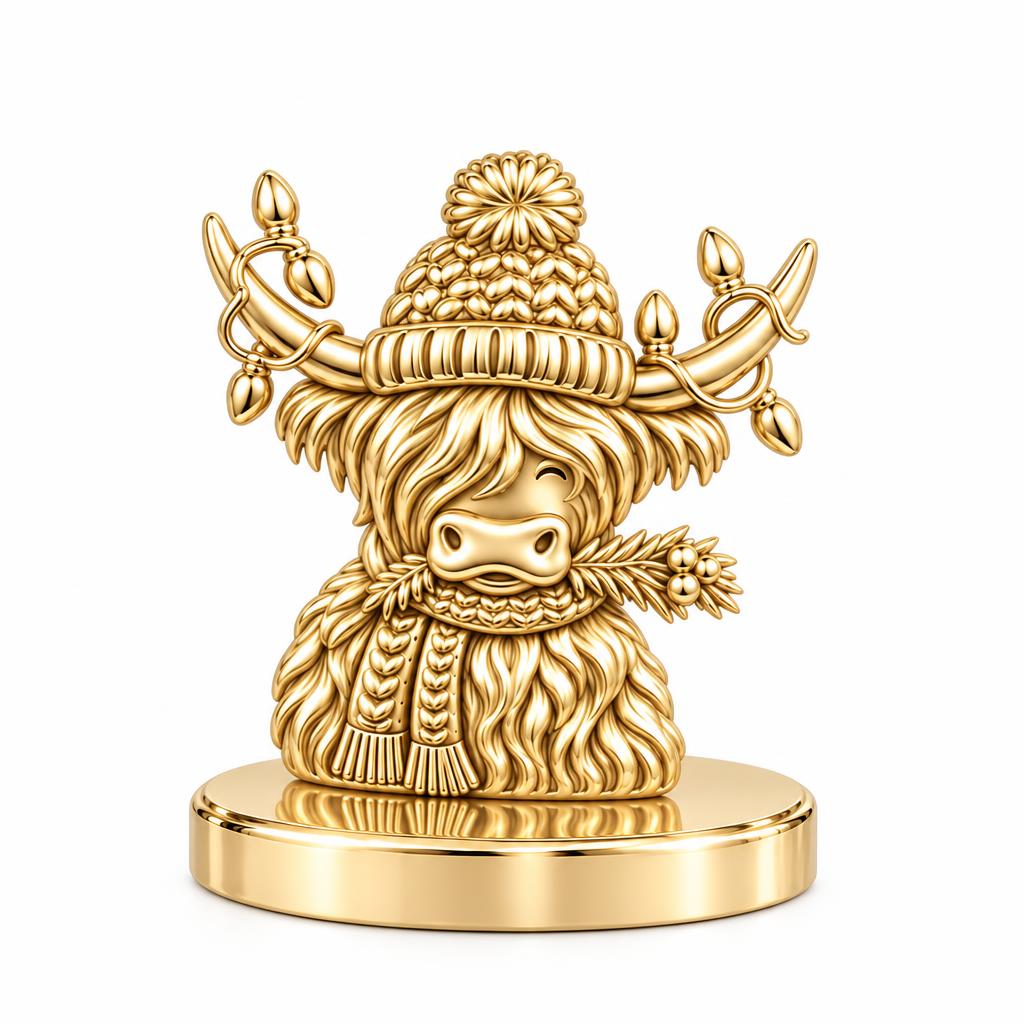 Festive Highland Cow Keepsake Plaque – 18K gold, front view