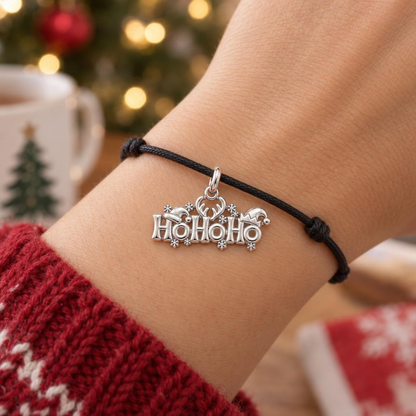 Festive Ho Ho Ho Charm Bracelet – Personalized Mom Gift – worn on the wrist on a black cord bracelet