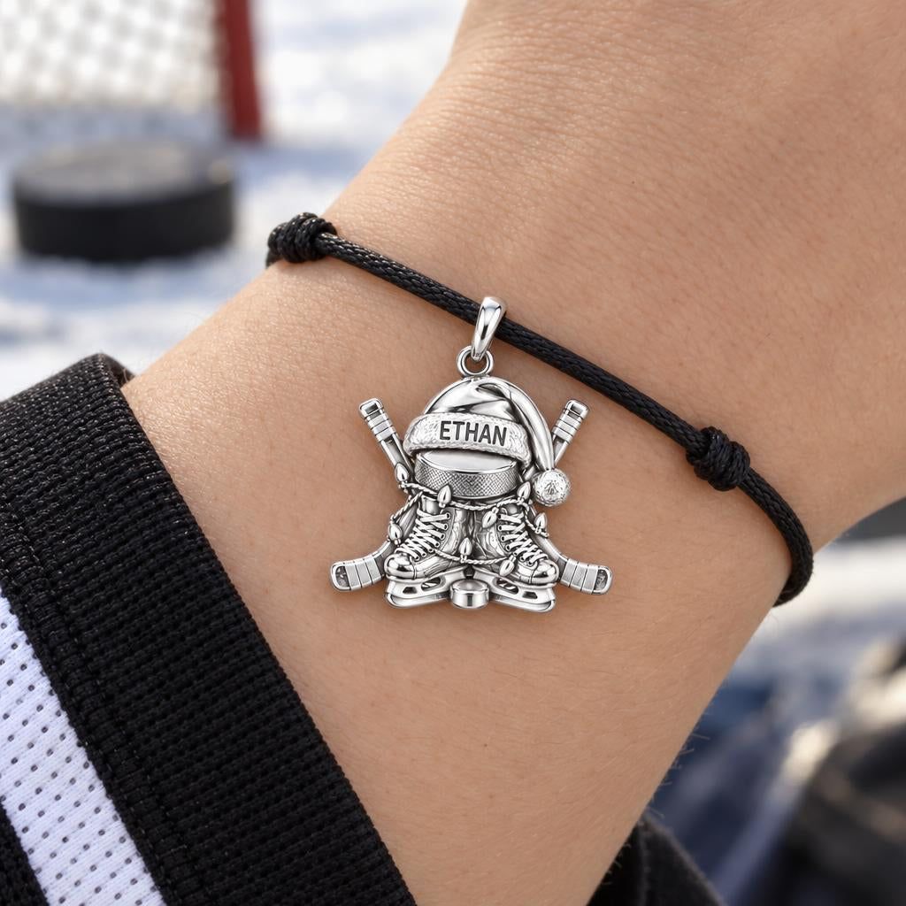Festive Hockey Skates Charm Bracelet – Personalized Athlete Gift – worn on the wrist on a black cord bracelet