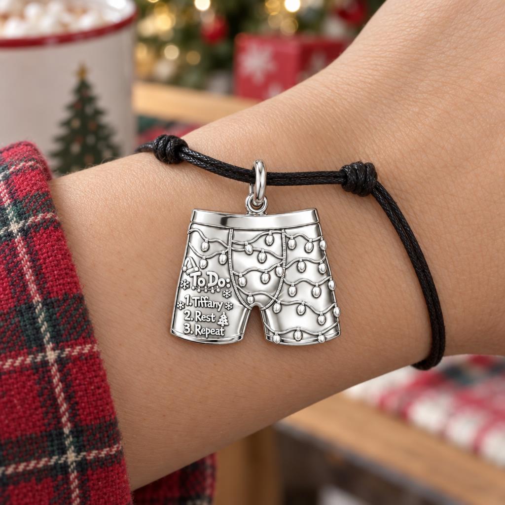 Festive Holiday Boxers Charm Bracelet – Personalized Couple Gift – worn on the wrist on a black cord bracelet