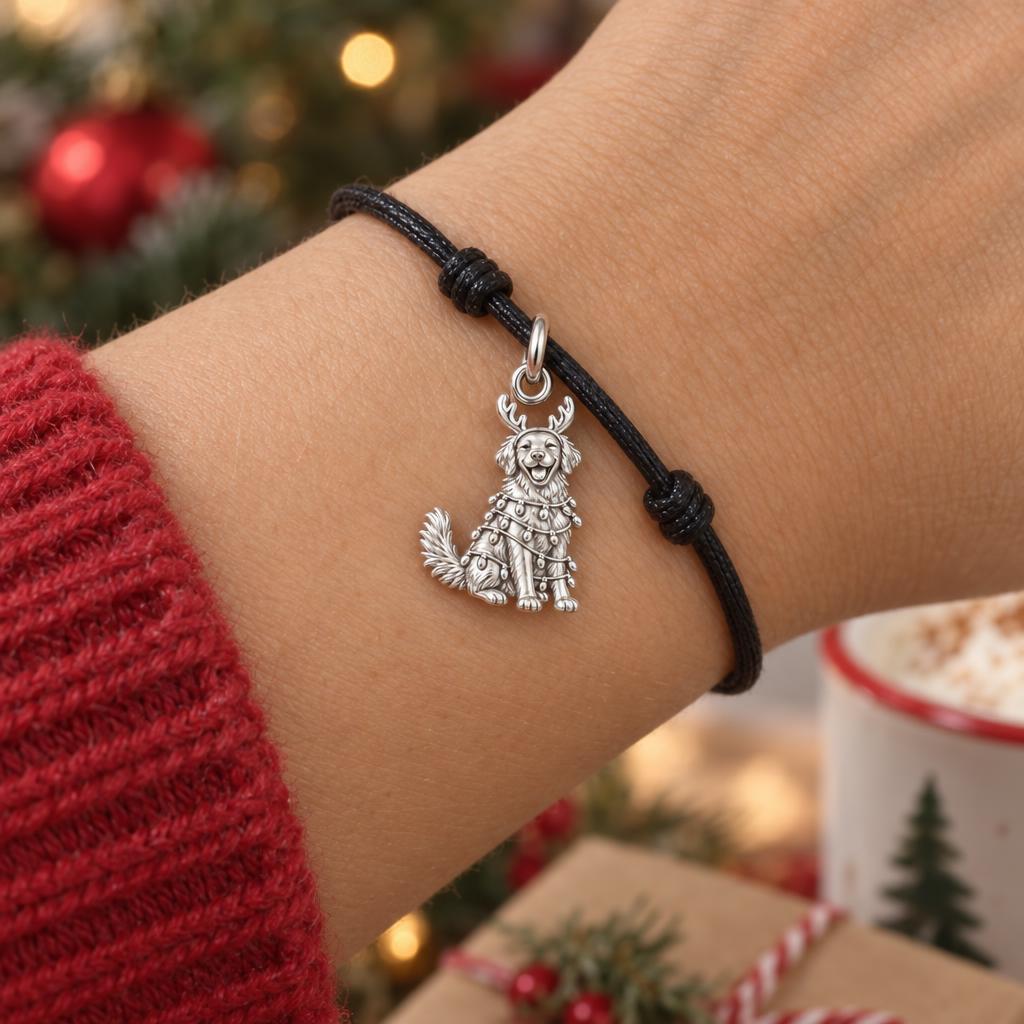 Festive Holiday Pup Charm Bracelet – Personalized Dog Mom Gift – worn on the wrist on a black cord bracelet