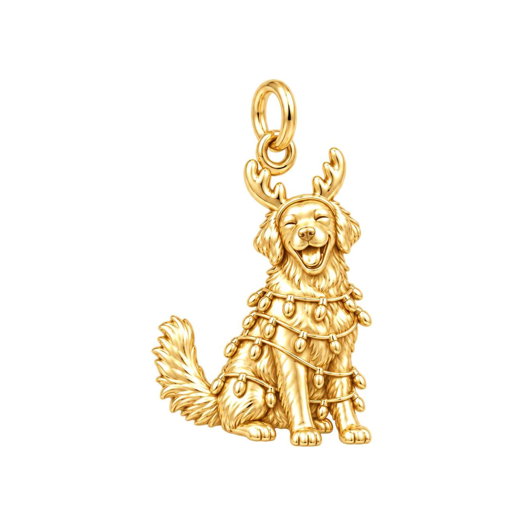 Festive Holiday Pup Charm Bracelet – Personalized Dog Mom Gift – 18K gold charm, front view