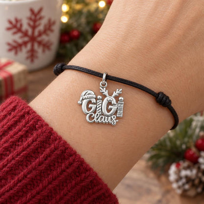 Festive Holiday Title Charm Bracelet – Personalized Nana Gift – worn on the wrist on a black cord bracelet