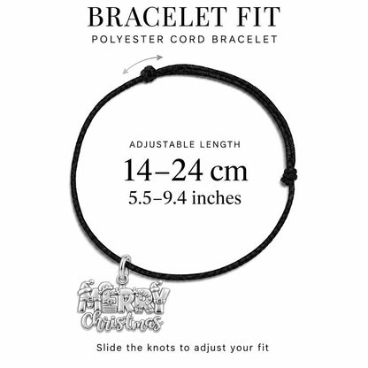 Festive Merry Christmas Charm Bracelet – Personalized Mom Gift – adjustable black cord bracelet, 14–24 cm