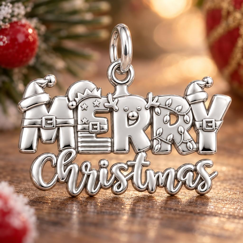 Festive Merry Christmas Charm Bracelet – Personalized Mom Gift – macro detail of the charm