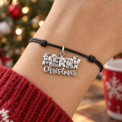 Festive Merry Christmas Charm Bracelet – Personalized Mom Gift – worn on the wrist on a black cord bracelet