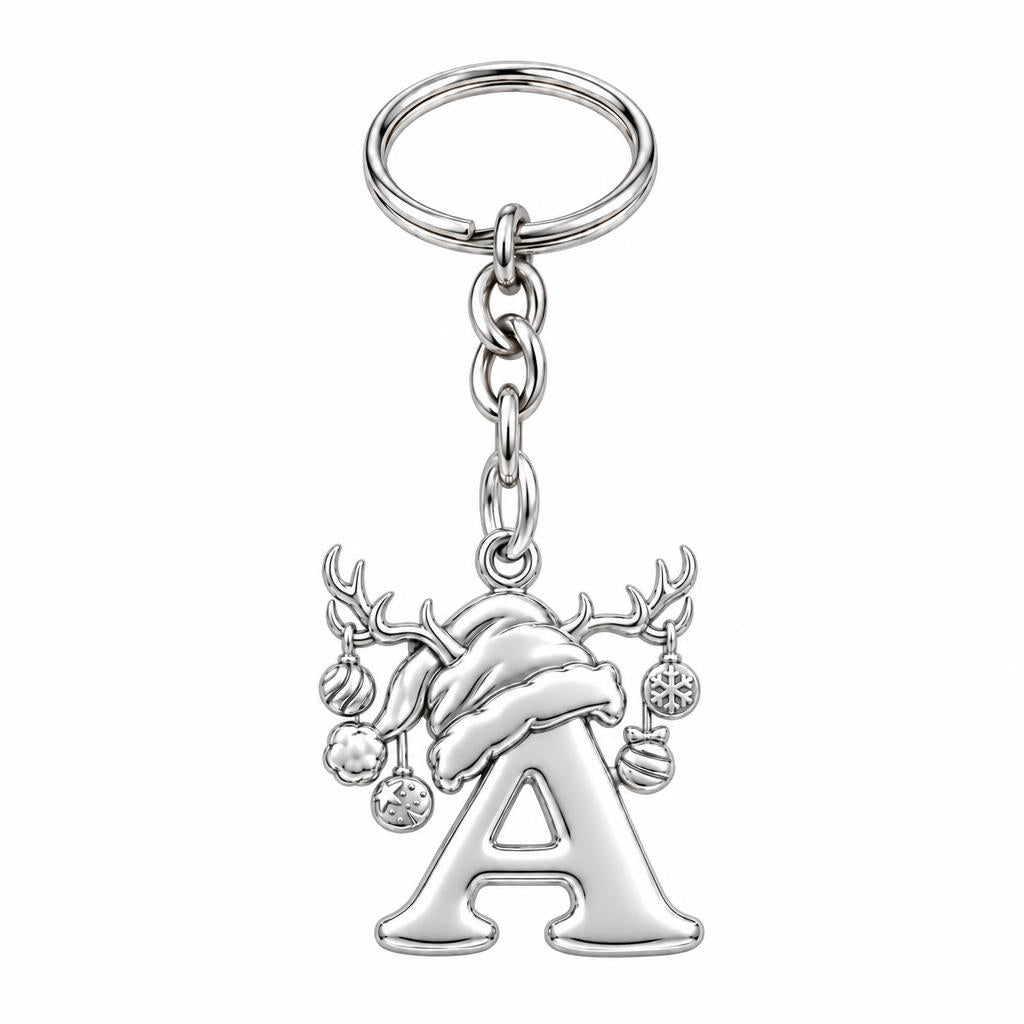 Festive Reindeer Initial Charm Keychain – silver, front view