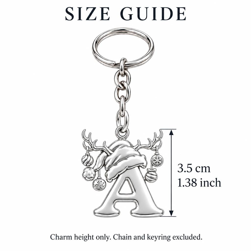 Festive Reindeer Initial Charm Keychain – size guide, 3.5 cm (1.38 in) charm, chain and keyring excluded