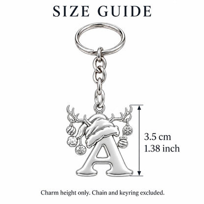 Festive Reindeer Initial Charm Keychain – size guide, 3.5 cm (1.38 in) charm, chain and keyring excluded