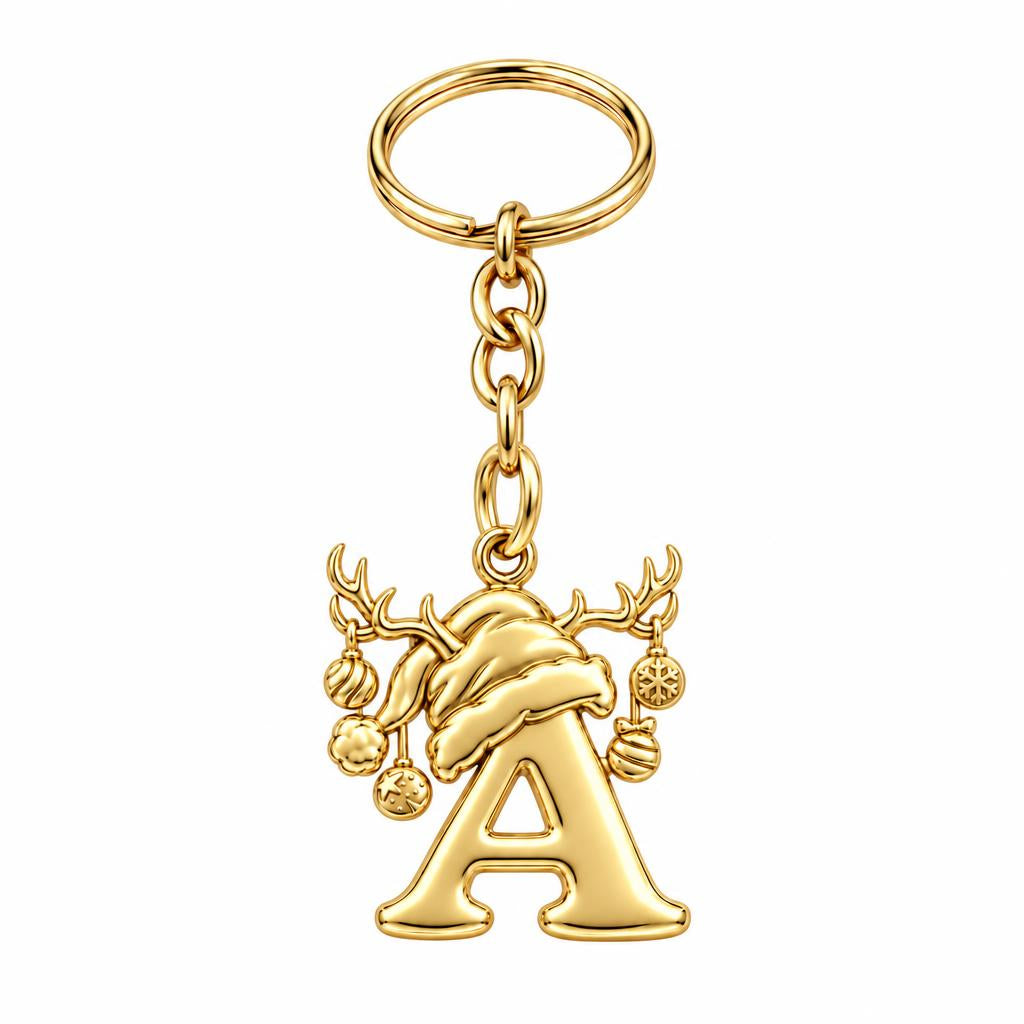Festive Reindeer Initial Charm Keychain – 18K gold, front view