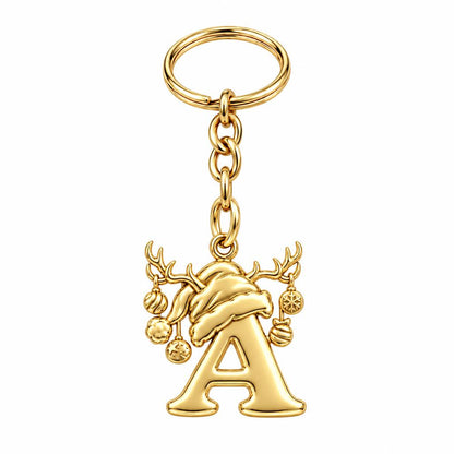 Festive Reindeer Initial Charm Keychain – 18K gold, front view