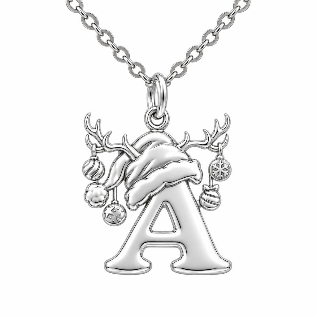 Festive Reindeer Initial Charm Necklace Set – silver, front view