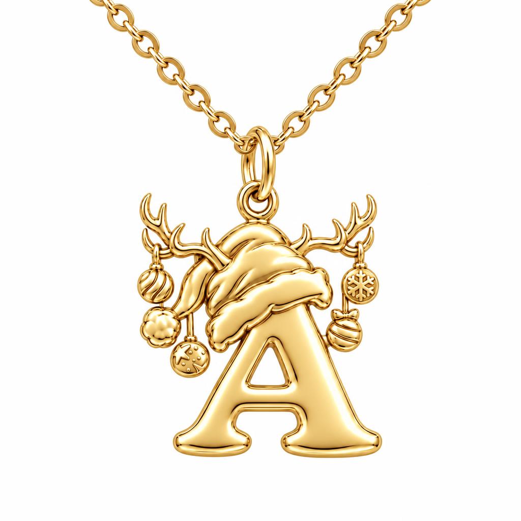 Festive Reindeer Initial Charm Necklace Set – 18K gold, front view
