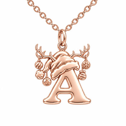 Festive Reindeer Initial Charm Necklace Set – rose gold, front view