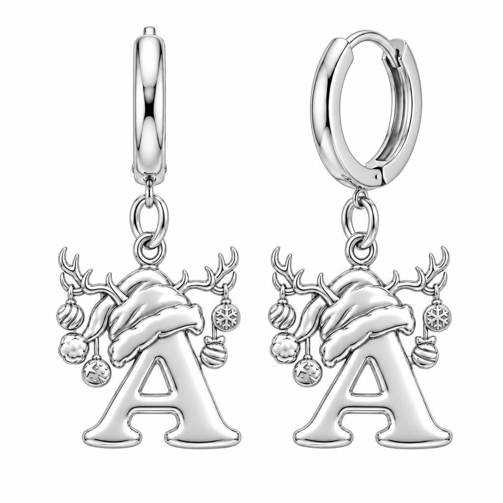 Festive Reindeer Initial Huggie Charm Earrings – silver, front view