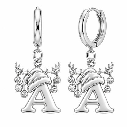 Festive Reindeer Initial Huggie Charm Earrings – silver, front view