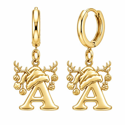 Festive Reindeer Initial Huggie Charm Earrings – 18K gold, front view