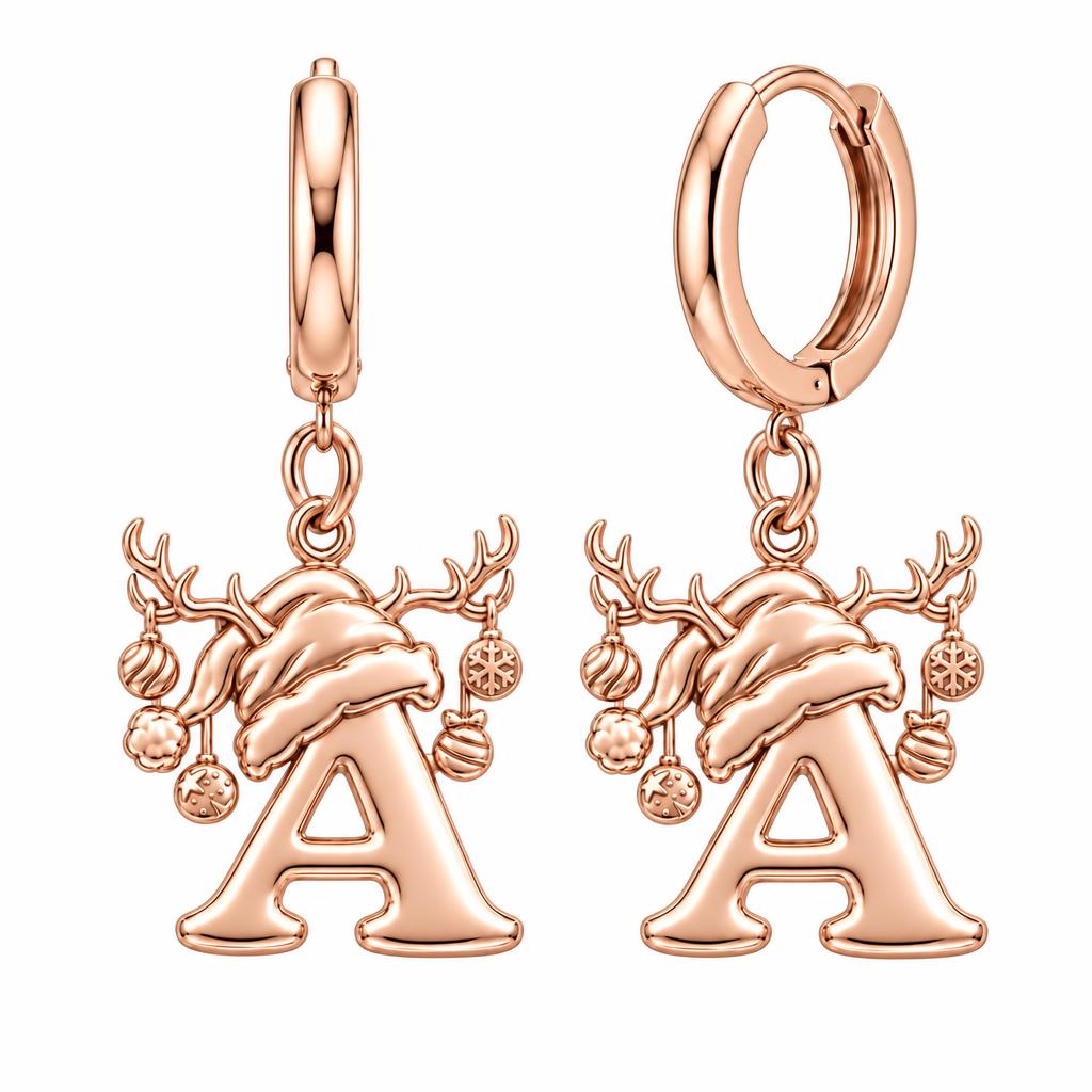 Festive Reindeer Initial Huggie Charm Earrings – rose gold, front view